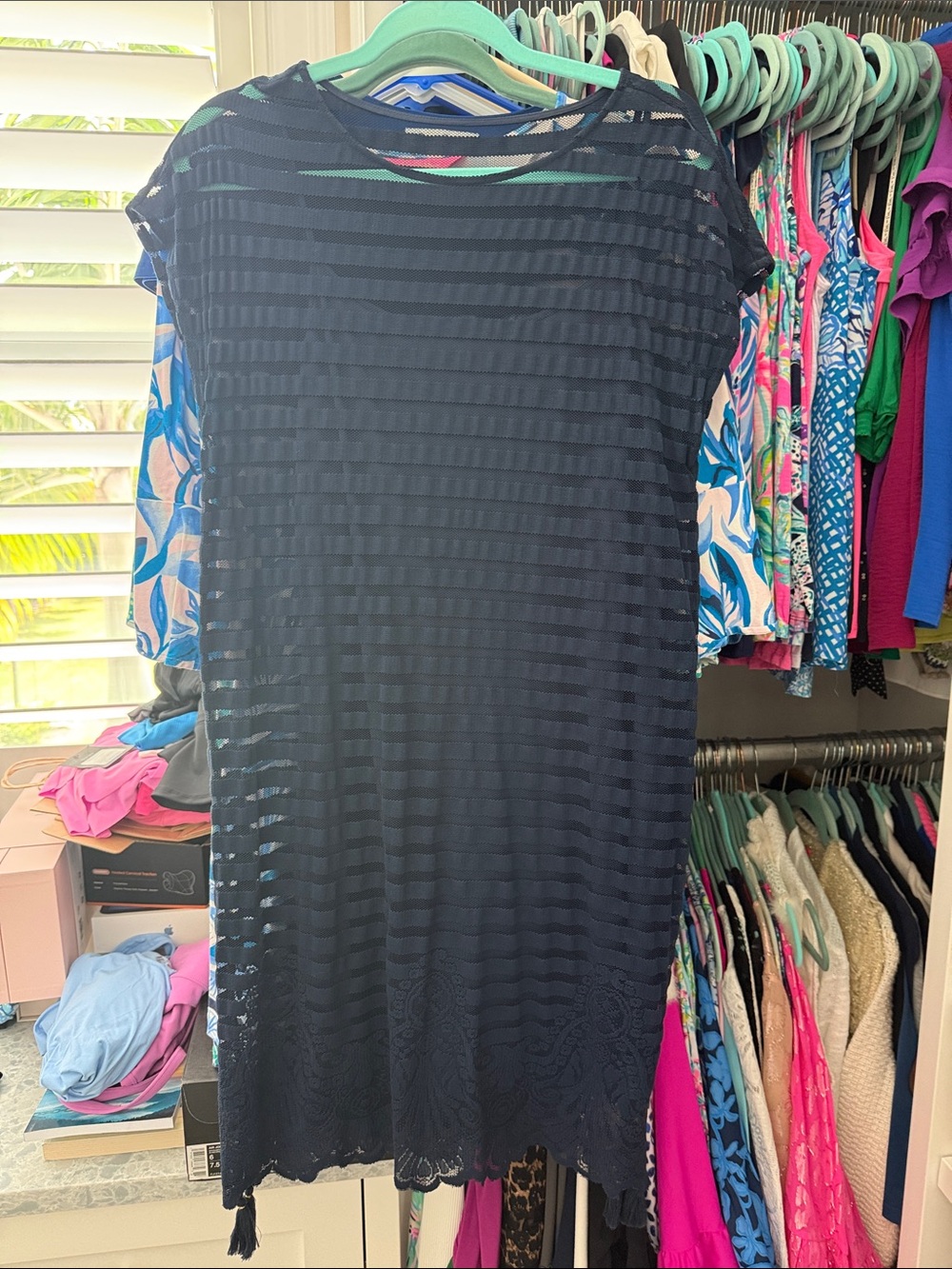 Lilly Pulitzer Adria Dress Navy Sheer Stripe Midi Dress